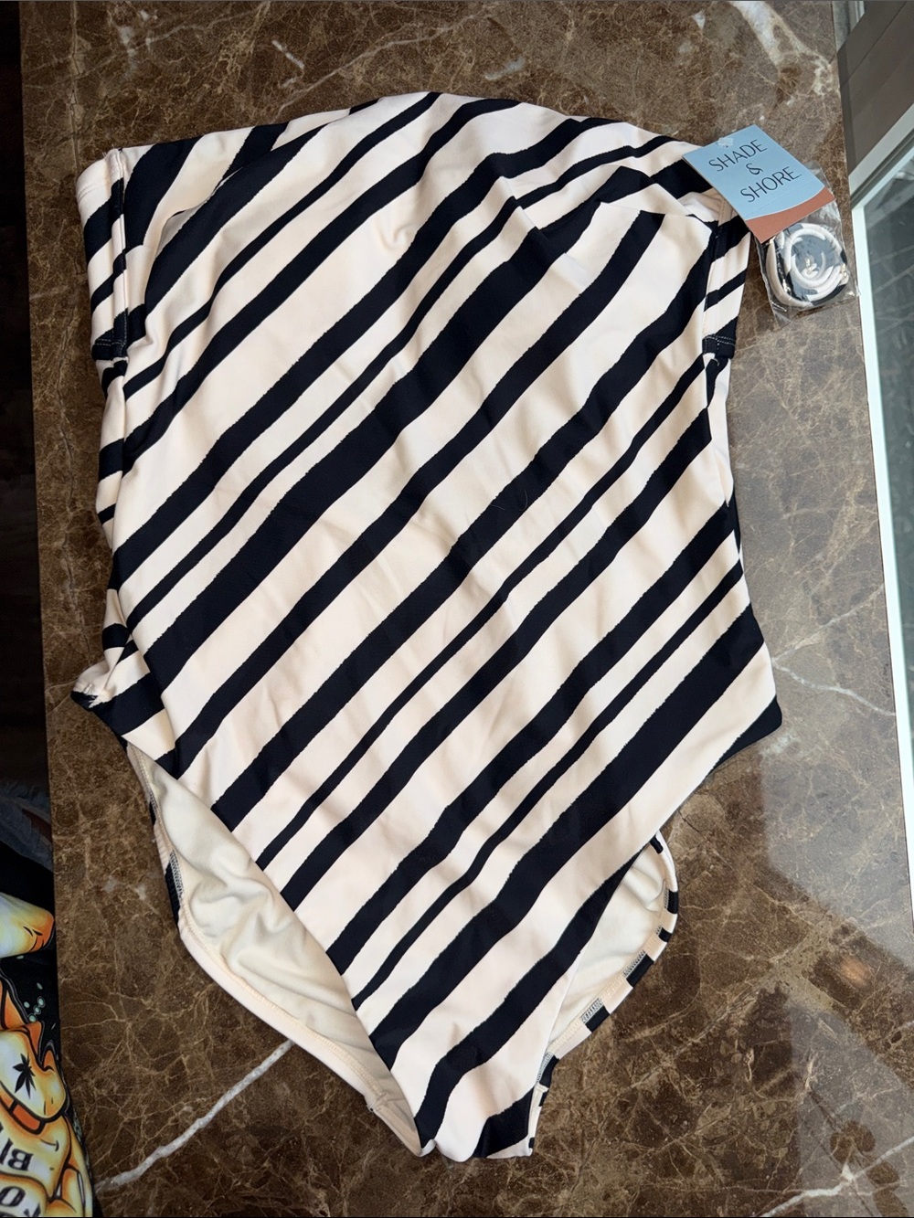 Shade & Shore Navy and White Diagonal Stripe Strapless Bodysuit - Modern Stripe